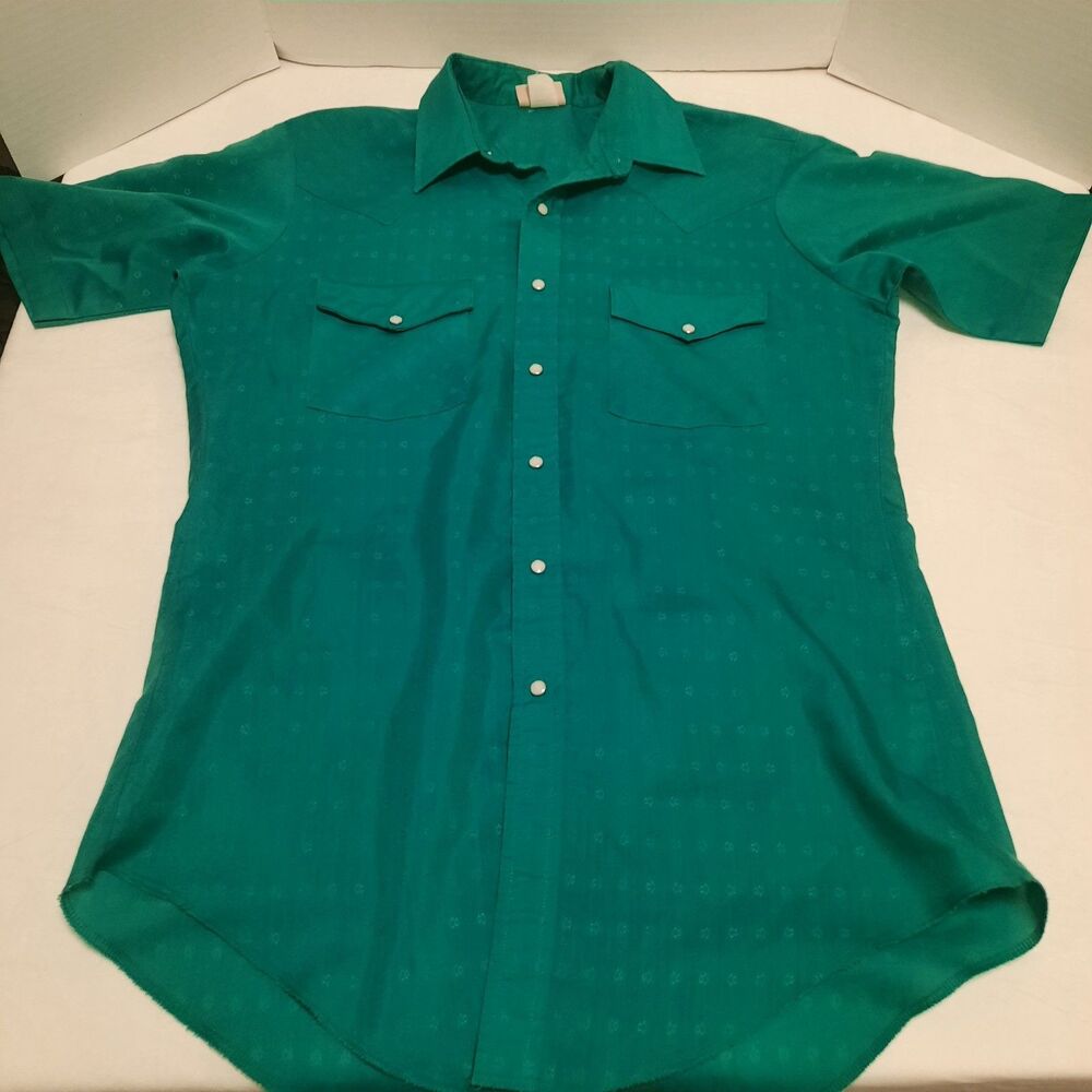 Vtg Saddlebrook Western Shirt Mens M Green Jacquard Pearl Snap Short Sleeve